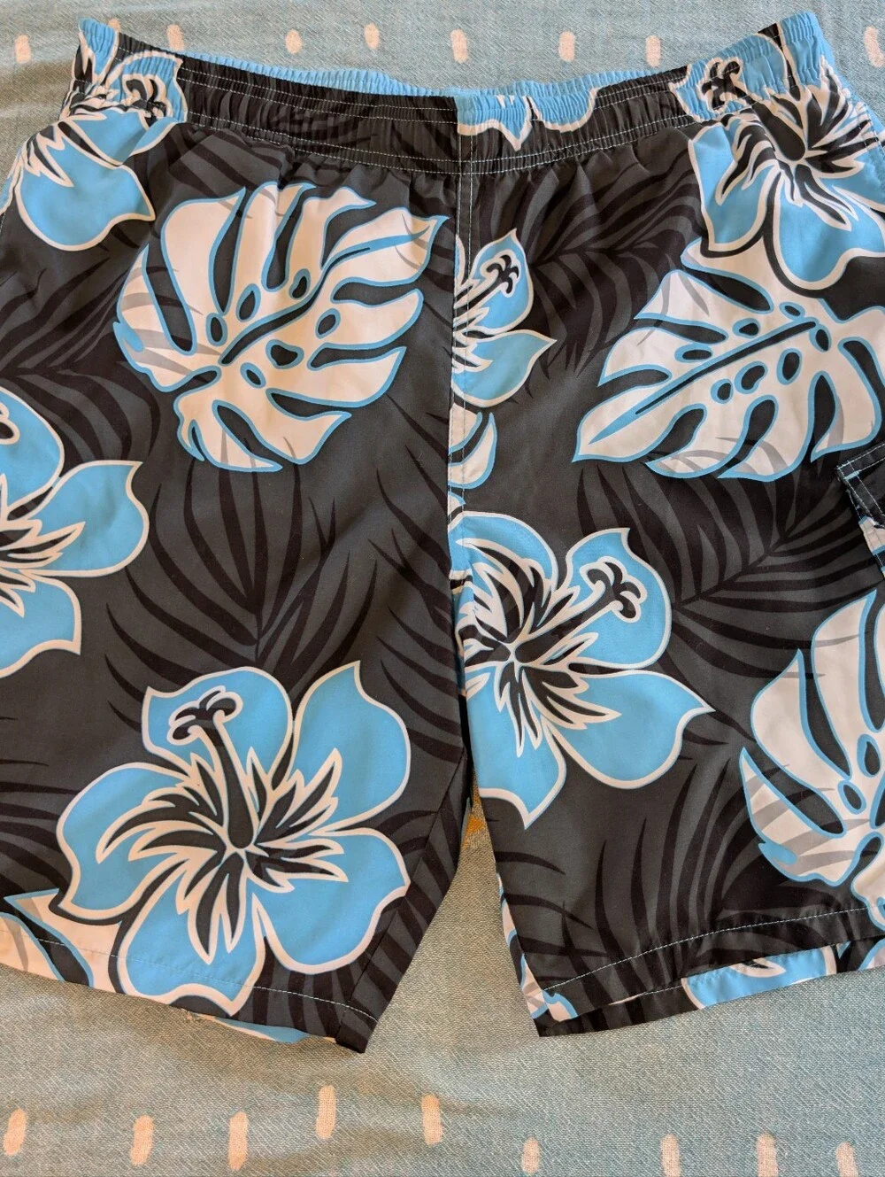 Speedo Swim Trunks Mens Medium Black w/ Blue Tropical Flowers